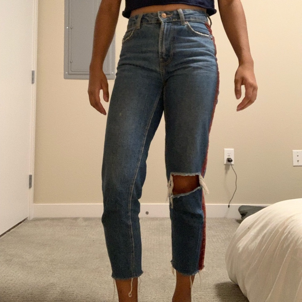 Bershka Slim Straight denim (Distressed, with red stripe down leg)